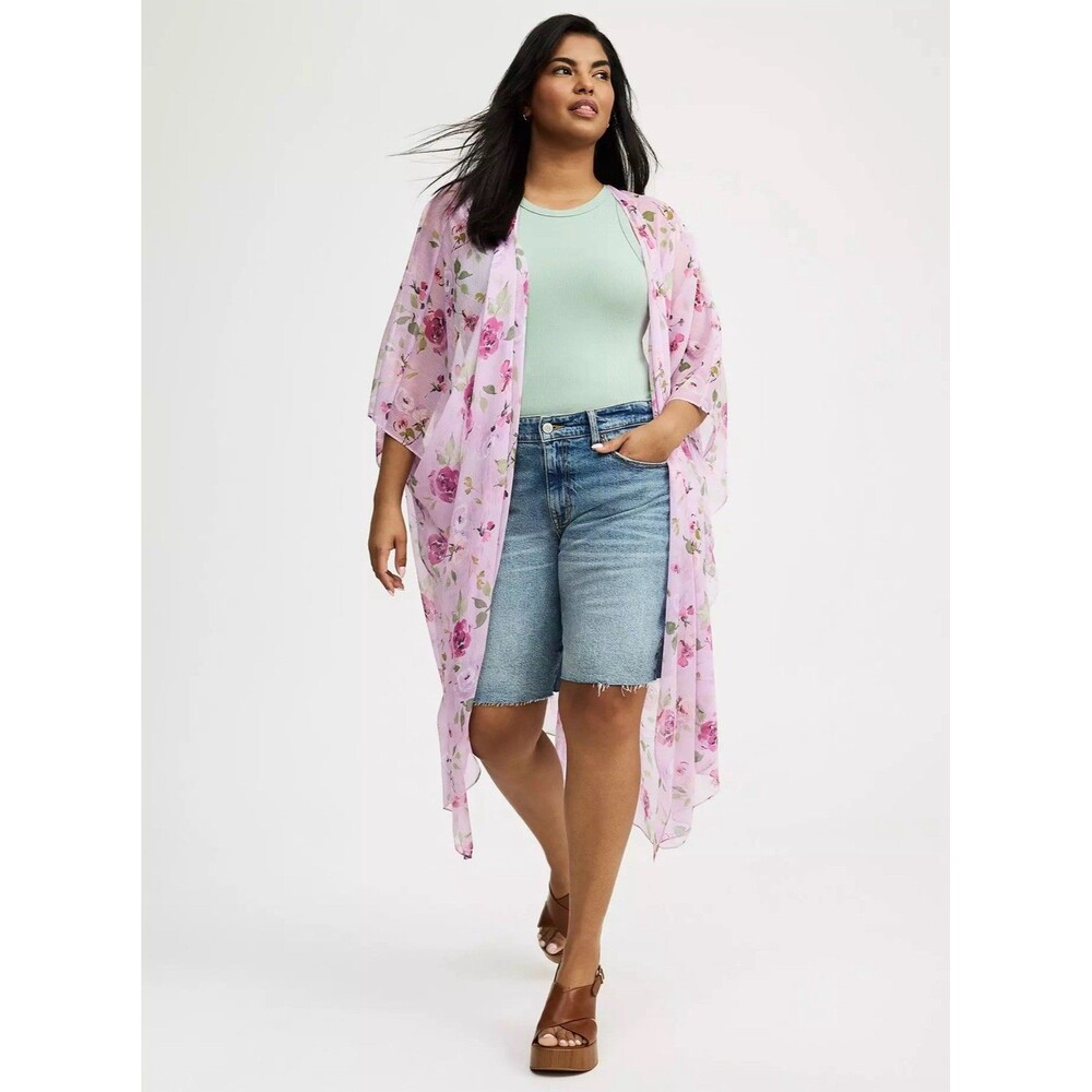 Torrid Lilac Floral Chiffon Ruana‎ Kimono Style Duster Cover Up Sz OS New